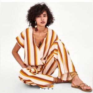 Zara Striped V-Neck Crop Shirt Small Blouse Top Boho Cotton Blend Short Sleeve